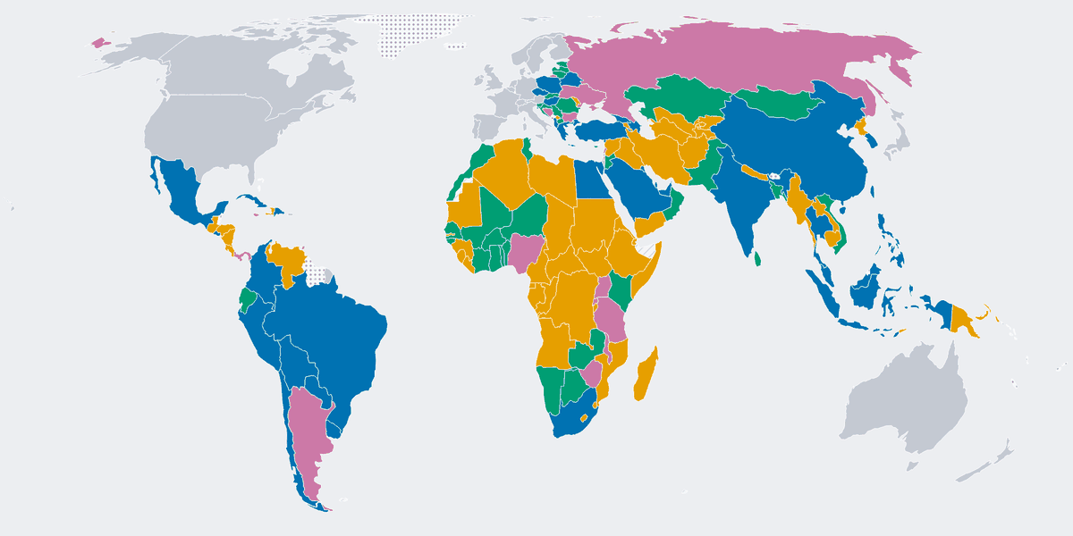 World map colouring countries into five groups, one colour per group, with the remaining countries left grey